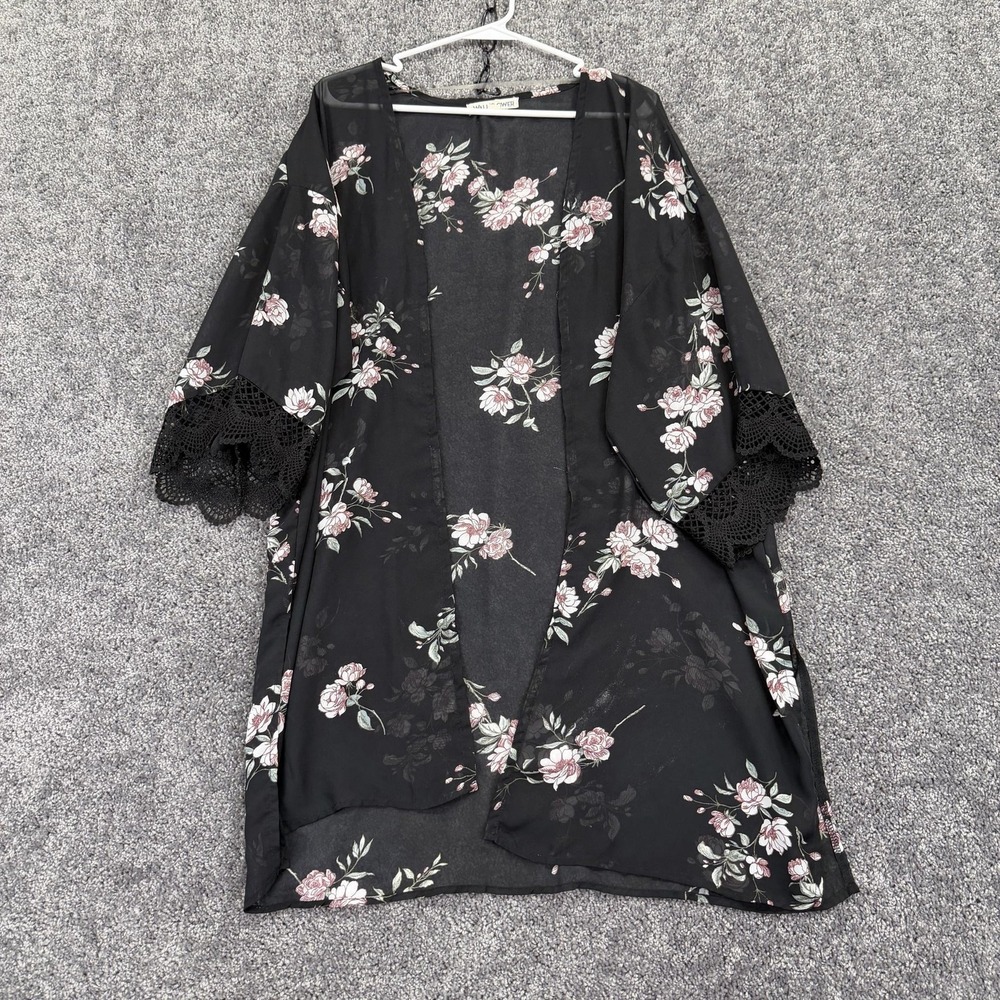 Wallflower Top Womens XL Black Floral Sheer Kimono Lace Trim Open Front